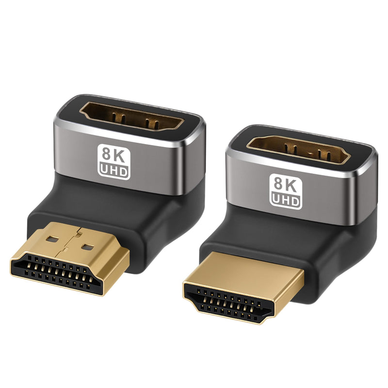 8K HDMI 2.1 Adapter 90 Degree and 270 Degree Gold Plated Adapter 2 Pack, Right Angle HDMI Male to Female Connector Converter HDMI L Shape Extender, Supports 8K@60Hz，4K@120Hz，4K@60Hz，4K@30Hz 90° HDMI Male to Female
