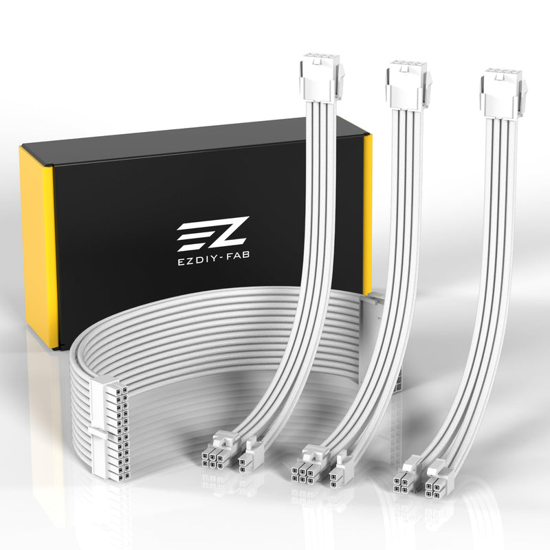 EZDIY-FAB PSU Extension Cable Sleeved Custom Mod PC Power Supply Cable, Soft Nylon Braided with Comb Kit 24PIN/8PIN to 6+2Pin/ 8PIN to 4+4PIN-30CM 300MM - All White Edition Pure White