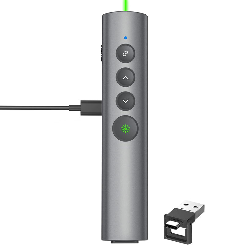 Aluminum Alloy Presentation Clicker with Green Laser Pointer | 2‑in‑1 USB/Type C Receiver Wireless Presenter Remote PowerPoint Clicker for Computer Laptop/PPT/Google Slides/Windows/Mac Metal 02 Green Laser