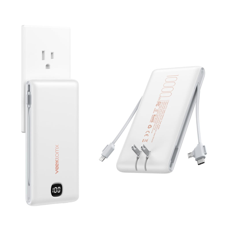 VEEKTOMX Power Bank with Built in Cables 22.5W 10000mAh, Portable Charger for iPhone with AC Wall Plug, Fast Charging USB C Slim iPhone Charger with LED Display Compatible with iPhone15/14/13, Samsung 10000mAh White