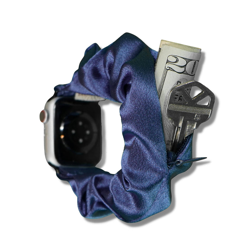 Compatible for Apple Watch Band Scrunchie with Zipper Pocket Storage for Cash, Keys, Chapstick, 38mm 40mm 41mm 44mm 45mm for iWatch Series 9 8 7 6 5 4 3 2 1 SE, 1 Pack 38/40/41 mm Satin Blue