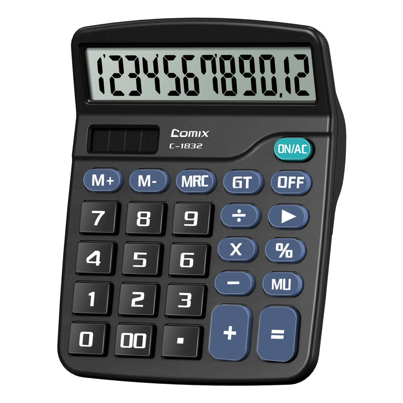 Comix Desktop Calculator 12 Digit with Large LCD Display and Big Button, 12 Digits Baisc Calculator, Solar Battery Dual Powered, for Office Home School C-1832 (Black) Black