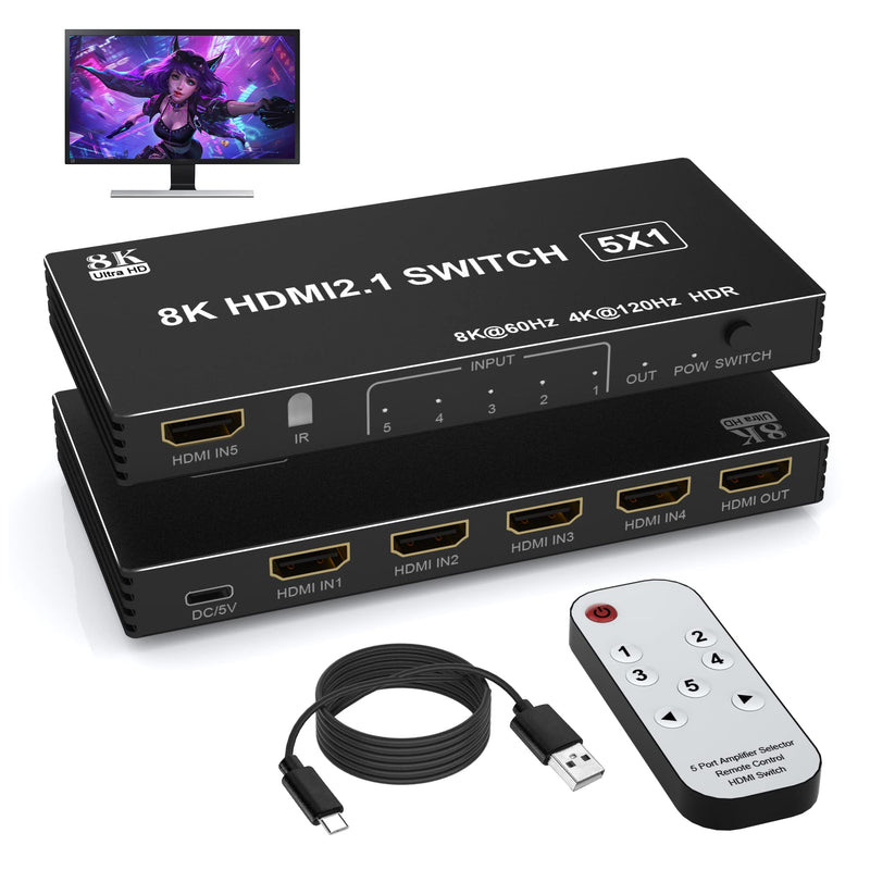 [AUSTRALIA] - 8K HDMI Switch 5 in 1 Out HDMI Splitter - 8K@60Hz/4K@120Hz HDMI Switcher 5 Port with IR Remote for Xbox PS4 PC TV 
