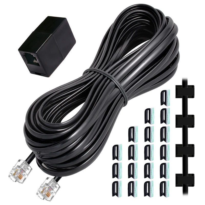 Phone Extension Cord 25 Ft, Telephone Cable with Standard RJ11 Plug and 1 in-Line Couplers and 20 Cable Clip Holders, Black