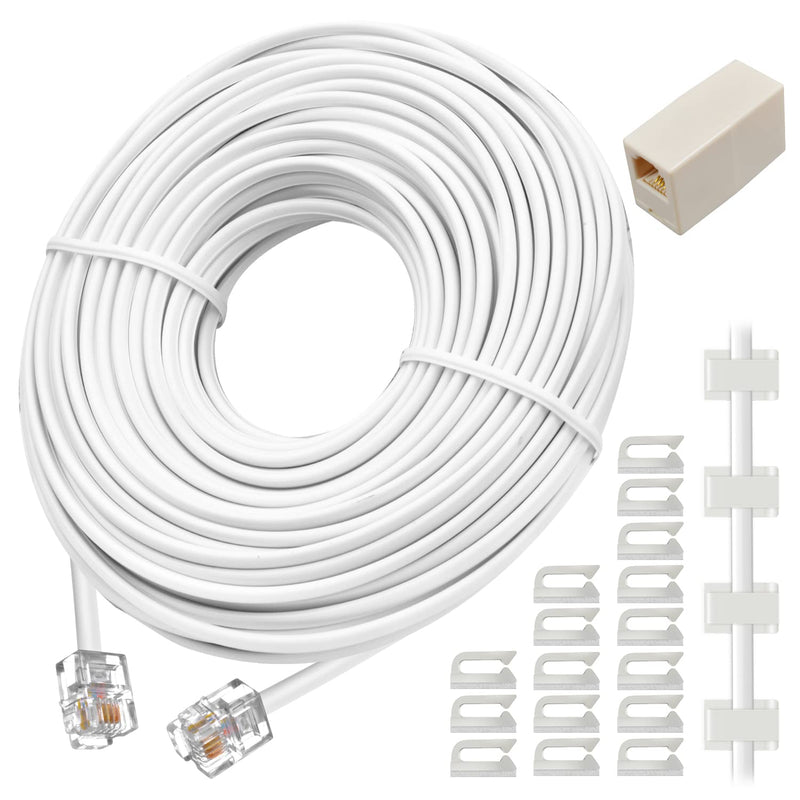 Phone Extension Cord 50 Ft, Telephone Cable with 1 in-Line Couplers and 20 Cable Clip Holders and Standard RJ11 Plug, White