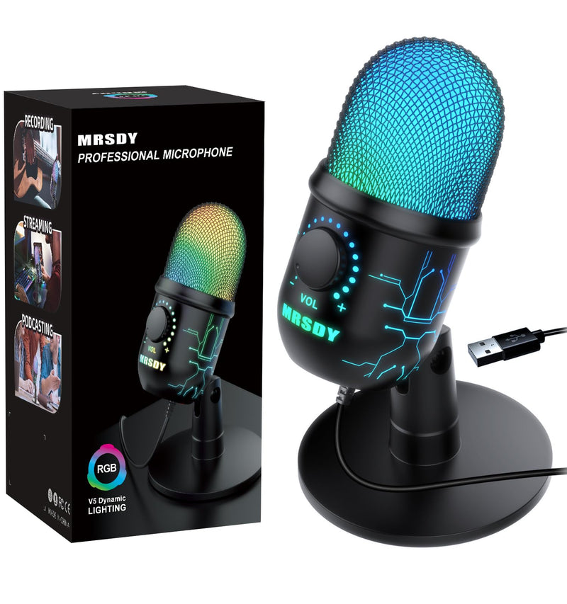 Gaming Microphone, USB Computer Microphone for PC, Mac, PS4/5, Condenser Podcast Mic for Studio Recording, YouTube, Streaming, with Headphone Jack, Led Light, Mute, Gain, Noise Cancellation V5-P