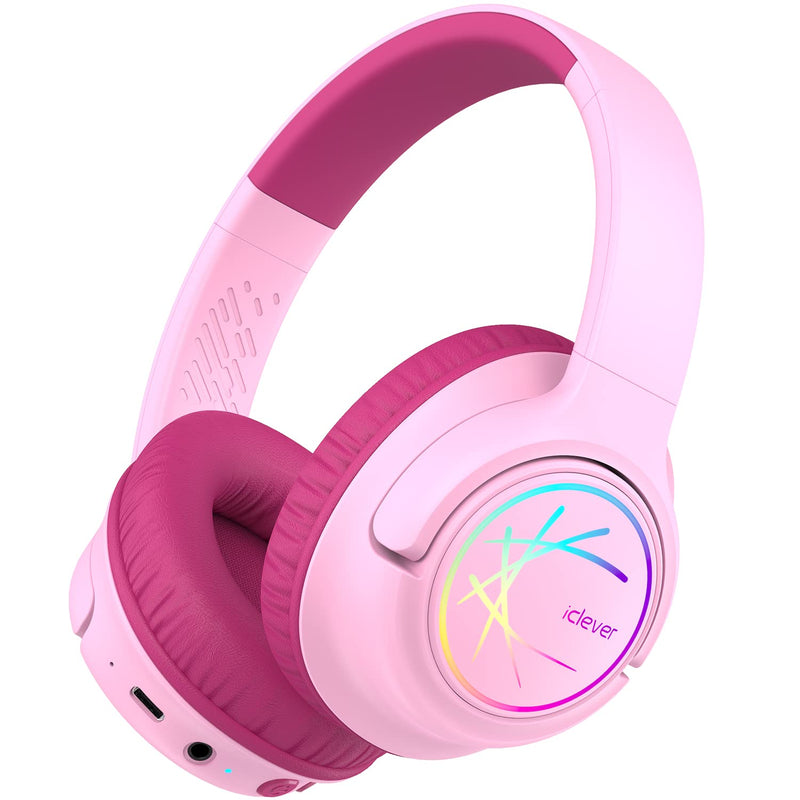 iClever Kids Bluetooth Headphones with LED Lights, BTH18 Safe Volume 74/85/94dBA, 43H Playtime, Stereo Sound, USB-C, AUX Cable, Bluetooth5.3 Over Ear Kids Headphones Wireless for Tablet/Travel, Pink