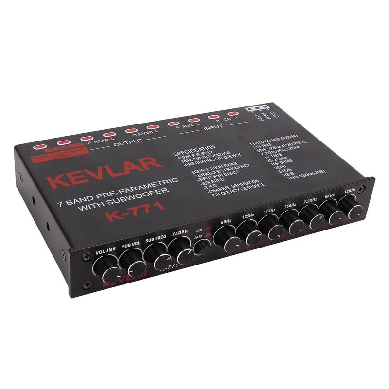 7 Band Car Audio Graphic Equalizer with Low Pass Filter, High Level Inputs, Front Rear Sub Outputs Universal Pre Amp EQ for Car Stereo Systems