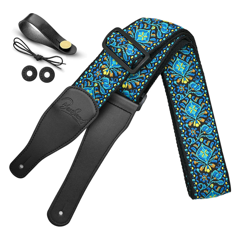 Guitar Strap, Jacquard Embroidered Cotton Straps with Genuine Leather Ends Shoulder Strap for Bass, Acoustic, Electric Guitar Retro Teal