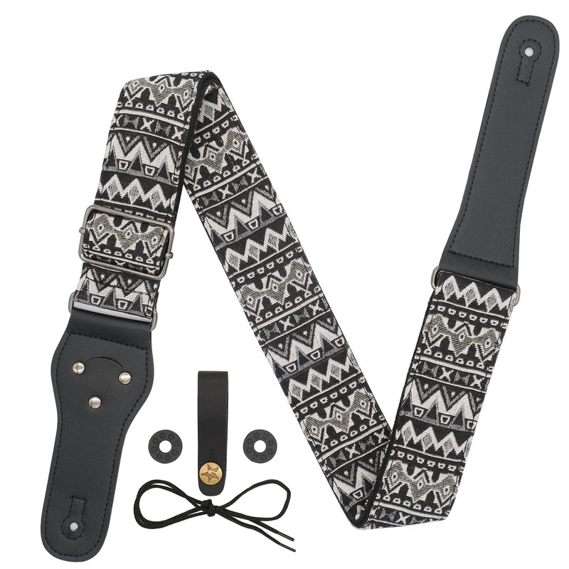 Guitar Strap-Vintage Woven, For Bass, Electric & Acoustic Guitar. FREE 2 Strap Locks + Headstock buttoned tie Black and White Bohemian