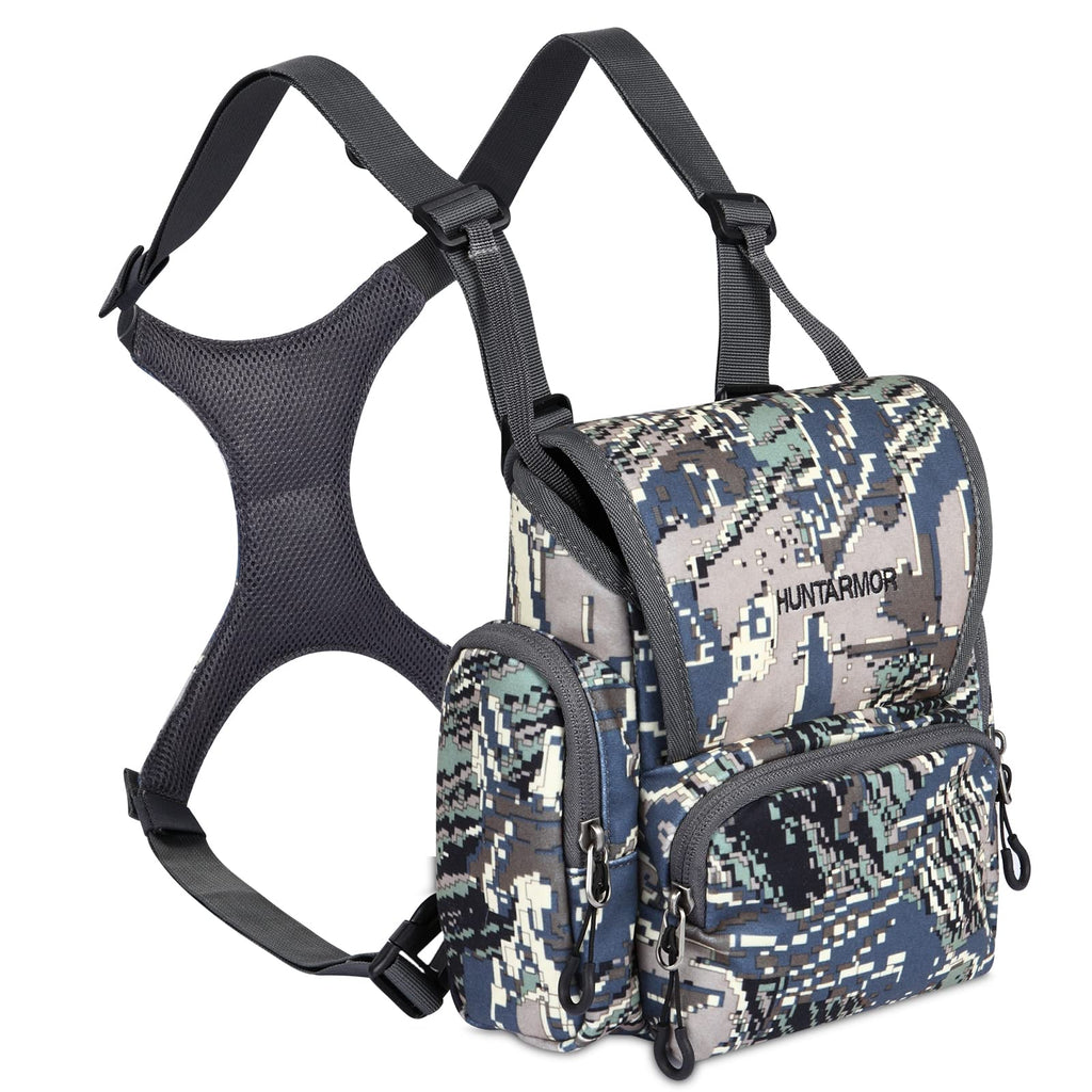 Bino Harness with Rangefinder Pouch & Rain Cover, Lightweight Binocular Harness Chest Pack, Adjustable Harness Binocular Chest Packs Vest Bags Camo