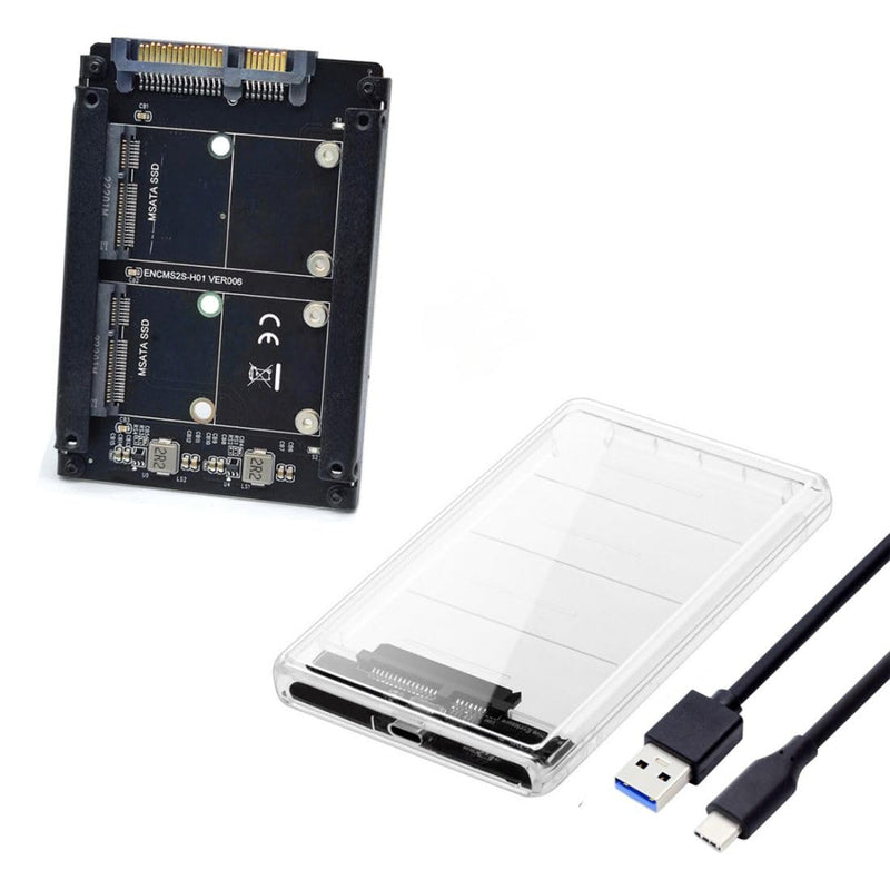 ChenYang MSATA SSD 2 in 1 Combo JBOD Adapter with 2.5" USB C Hard Drive Enclosure 2 MSATA to SATA with White Enclosure