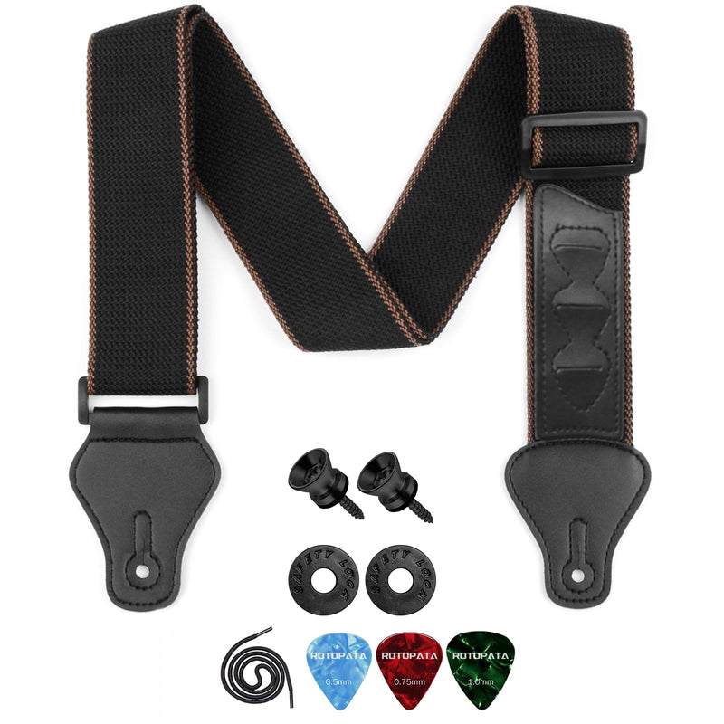 ROTOPATA Guitar Strap with Pick Holders, 2 Buttons 2 Locks 3 Guitar Picks, Cotton Strap with PU Leather Ends, Length Adjustable for Son Daughter (Black)