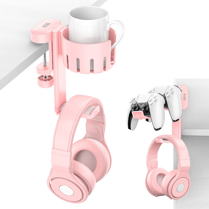 KDD Rotatable Headphone Hanger - 3 in 1 Under Desk Clamp Controller Stand Replaceable Cup Holder - Compatible with Universal Headset, Controller, Cup(Pink) Pink