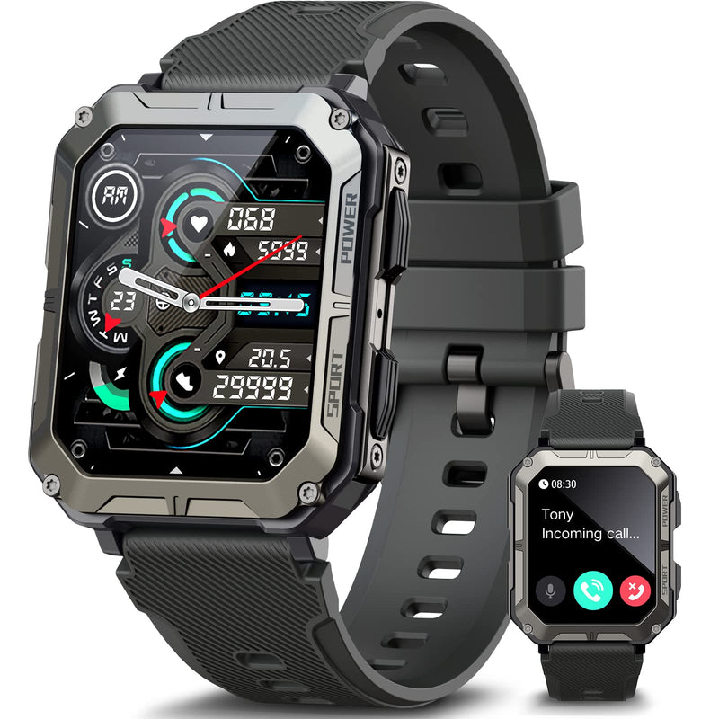 meoonley Military Rugged Smartwatch for Men,Sport Watch with Answer/Make Call IP68 1.83 inch Fitness Tracker Pedometer SpO2 for Outdoor Enthusiasts Black