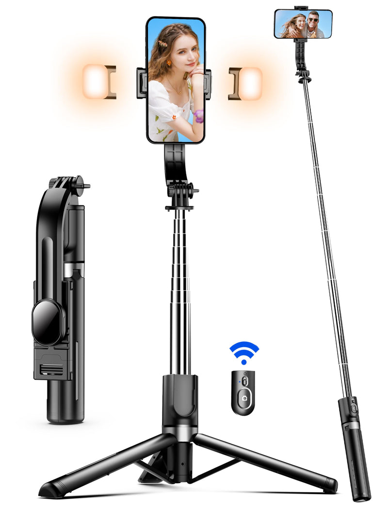 45" Selfie Stick Tripod with 2 Lights, Extendable 5 in 1 Selfie Stick Phone Tripod, Portable Selfie Sticks with Wireless Remote Compatible with iPhone 15/14/13 Pro Max, Samsung, Android, Gopro Black(with 2 Light)