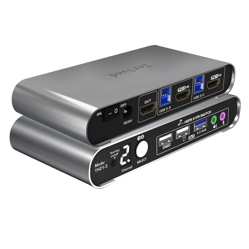 2 Port HDMI USB 3.0 KVM Switch with Aluminum Alloy Shell and Digital Display,Audio/Microphone, 4K@60Hz,hotkey,Auto EDID, HDR10 with Cables 2 Computers 1 HDMI Monitor USB 3.0