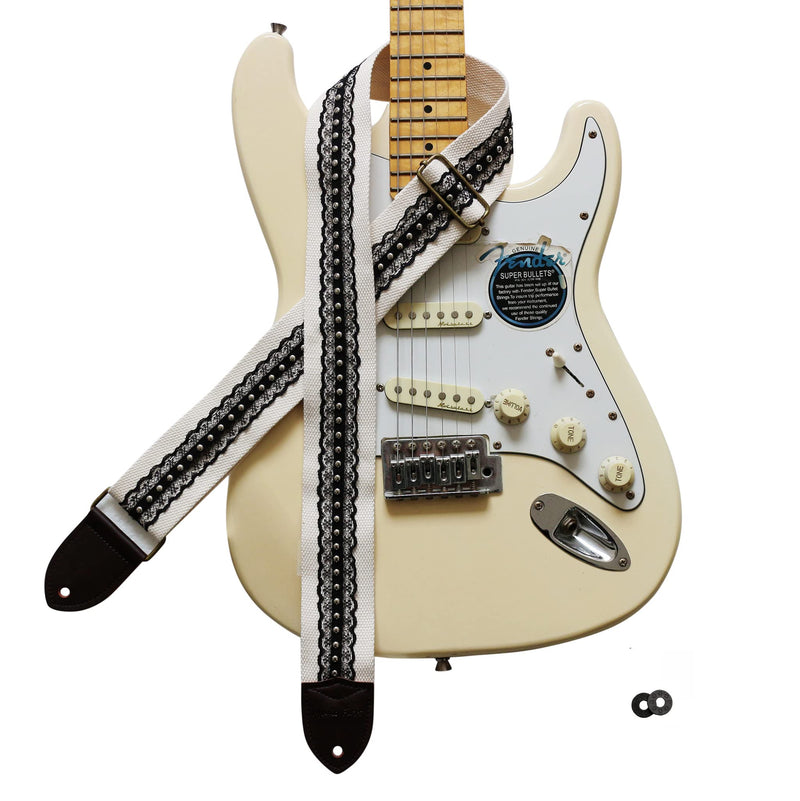 MUSIC FIRST Original Design, 2 inch width (5cm), Black Cool & Vintage Style Black Lace with Metal Rivets Soft Lace & Genuine Leather Delux Electric Guitar Strap Bass Strap