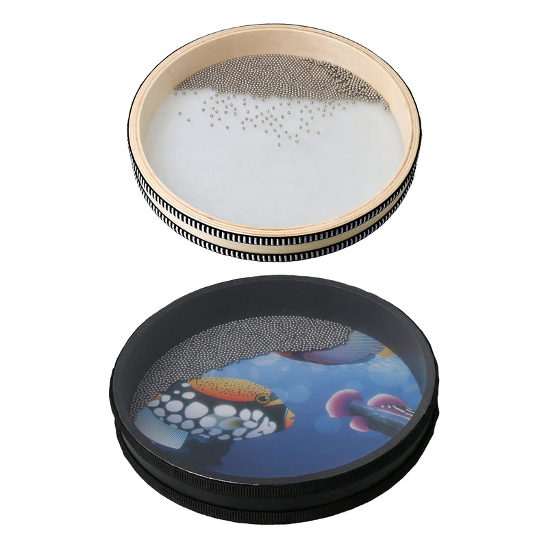 Bstinay 2pcs 10Inch Wooden Ocean Drum Hand Percussion Wave Bead Sea Sound Drum with Fish Pattern