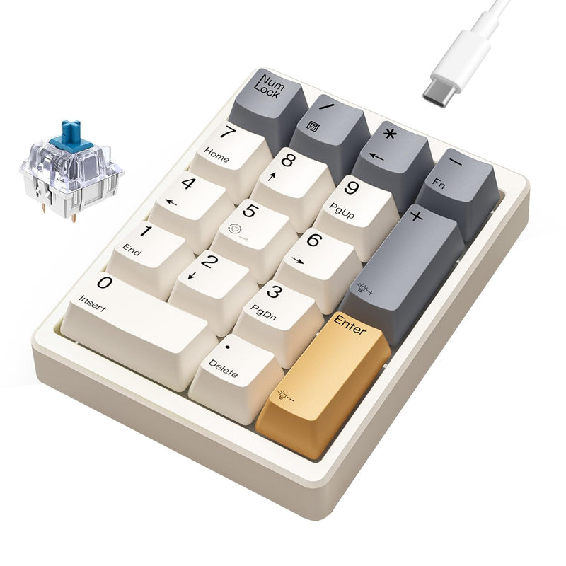 [AUSTRALIA] - Number Pad, Wired USB Mechanical Numpad Hot-Swappable White Backlit Standard 17 Keys Numeric Keypad with PBT Keycaps Keypad for Laptop PC TKL Keyboards(Retro Beige,Blue Switch) Blue switch 