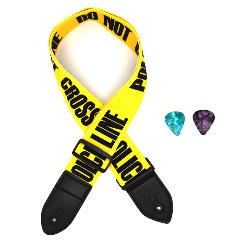 Acoustic Guitar Strap Electric Guitar Straps with Leather Ends Adjustable Classical Suitable For Bass, Electric & Acoustic Guitars (Yellow Police Line)