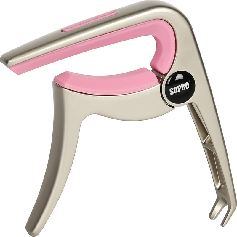Guitar Capo 3-in-1: Acoustic & Electric Capo, Guitar Pin Puller, Pick Holder - Hidden Spring Design, Trapezoid Silicone Rubber Pad, Superior Zinc Alloy (Pink) Pink
