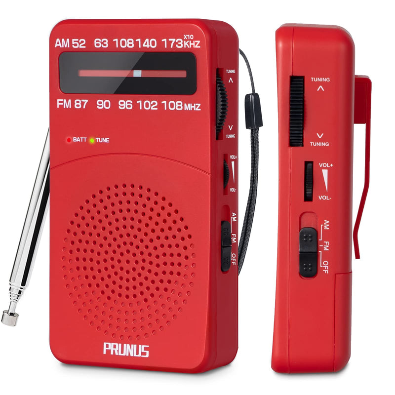 PRUNUS J-166 Small Transistor Radio AM FM, Battery Operated Radio with Tuning Light, Back Clip, Excellent Reception for Indoor & Outdoor & Emergency Radio, Small Radio, Portable Radio Red