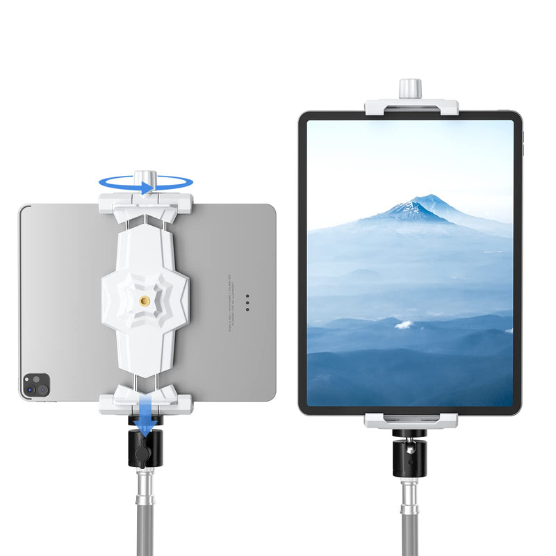 KDD iPad and Phone Tripod Mount Adapter with Ball Head, White Tablet Mount for Tripod, 360 Rotatable iPad Holder Clamp fit iPad Pro 12.9, iPad Air Mini, Galaxy Tab, Surface Pro, Selfie (5.3-10.6’’)