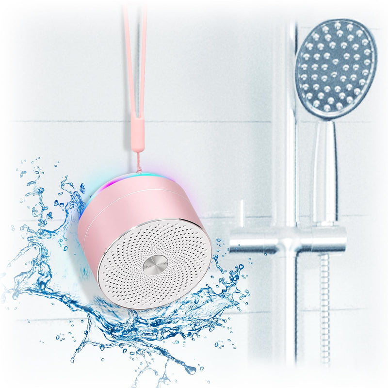 [AUSTRALIA] - Mini Bluetooth Shower Speaker, IPX6 Waterproof Speaker, with RGB Lights, Mic, Portable Silicone Lanyard, Suction Cup, Clear Sound&Rich Bass, 12h Playtime, Small Pink Gifts for Girls Women Pink Rose Gold 