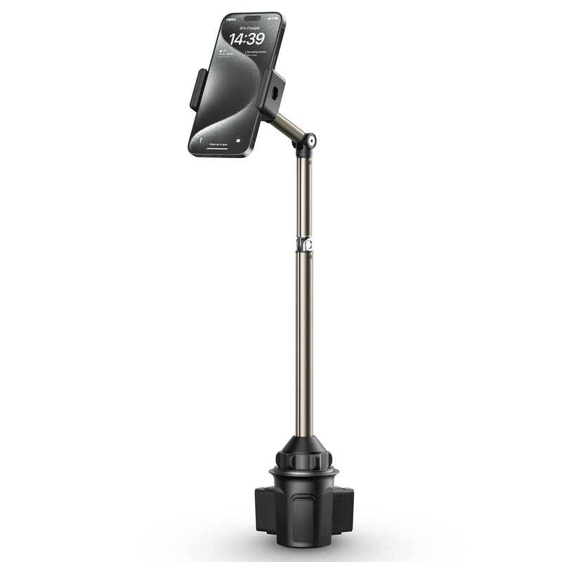 JSAUX Car Cup Holder Phone Mount, Metal Long Arm, Adjustable Base | Sturdy Metal Arm, Adjustable Height and Angle, Secure Phone Grip, Fits 2.17-4.33 in Car Cup Holders ClipMount