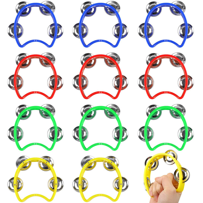 12 Pack Plastic Percussion Tambourine Hand Tambourine Bells, Mini Percussion Tambourines Bulk Hand Held Percussion Drum Musical Rhythm Instrument for Adults Kids Party Supplies(4 Colors) 12 Pack