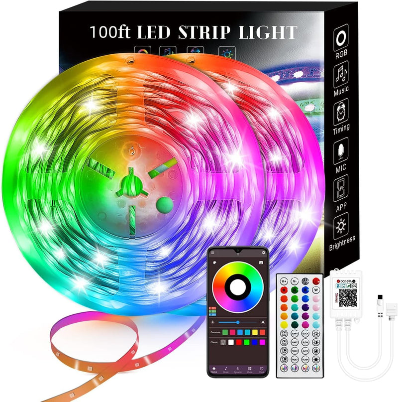 100FT Smart LED Strip Lights (2 Rolls of 50ft), RGB Strip Lights Sync to Music with 40 Key Remote Controller LED Lights for Bedroom,Christmas Lights decration (Multi-Colored, 100FT) Multicolor 100 Feet