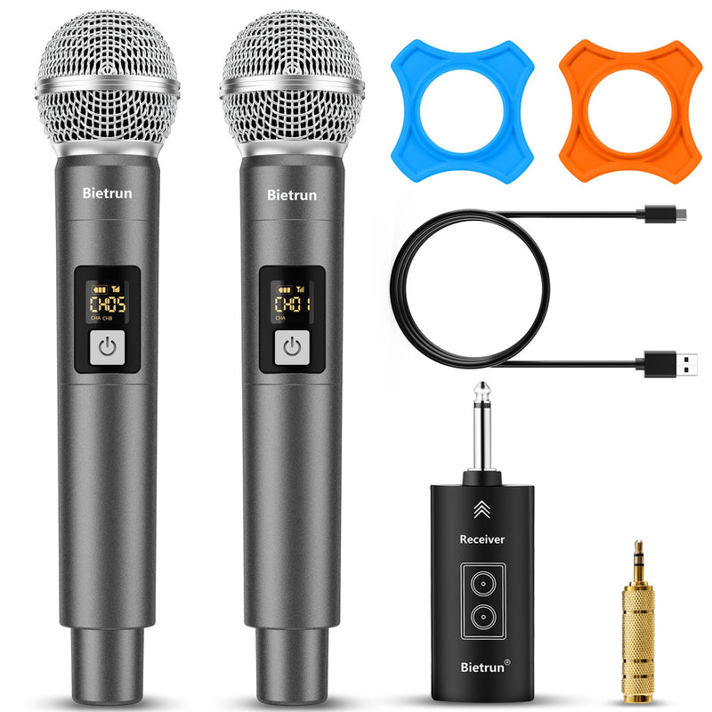 [AUSTRALIA] - Bietrun Wireless Microphone, UHF Dual Handheld Cordless Dynamic Metal Mic Set with Rechargeable Receiver, 1/4'' Plug Output, for Karaoke, Church, Wedding, Party Singing(98 ft Range)(Auto Connect) Battery Microphone-WXM31-2 