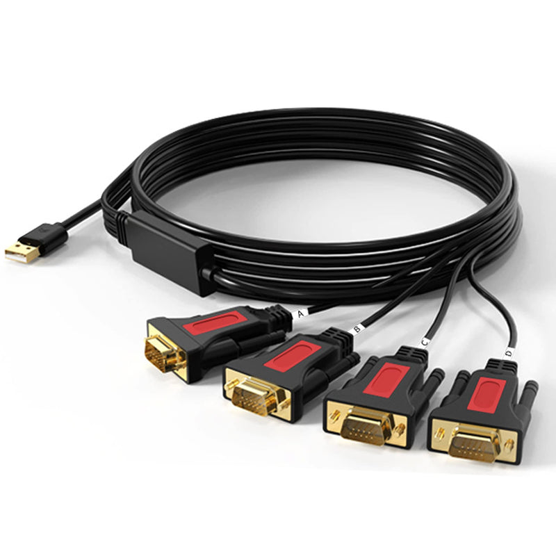 4 Port USB to RS232 DB9 Serial (9-Pin) Adapter Cable 5ft Compatible with MAC OS, Windows, Android, Linux (4 Port) 4 Port