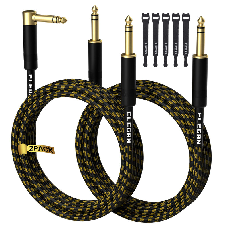 [AUSTRALIA] - Elecan 1/4 Inch TRS Instrument Cable 15 Ft/2 Pack-Right Angle+Straight to Straight 6.35mm Male Jack Stereo Audio Interconnect Cord-Gold Plated-Braided-Balanced Line for Electric Guitar Bass+ 5 Ties 15FT-2PK Angled to Straight + Straight to Straight 