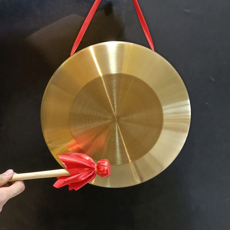 Gong Instrument with 12.6inch(32cm),Chinese Traditional Percussion Instrument Brass Gong with Wooden Mallet and Red Ribbon for Home Office Celebration Gold-12.6inch