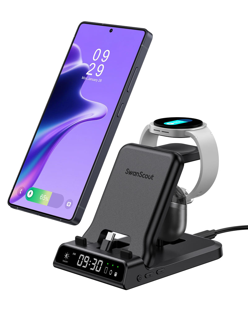 25W USB C Fast 3-in-1 Foldable Charging Dock for Samsung Phone Watch & Buds | 25W Fast Charging, for Galaxy S26/S25/Z Flip 8/Fold 8/A57/A36, for Galaxy Watch Ultra/8-5, USB C Buds, SwanScout 701S