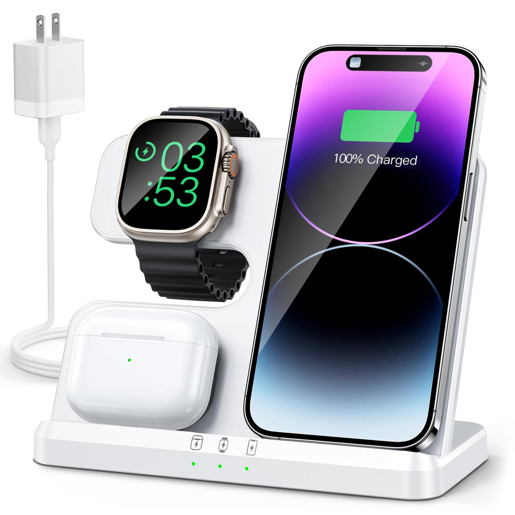3 in 1 Wireless Charging Station Wireless Charger for iPhone 15 14 13 12 11 Pro Max/X/8 Charging Station for Apple Watch Ultra SE 9 8 7 6 5 4 3 2 for AirPods 2/3/Pro/Pro 2 B-White