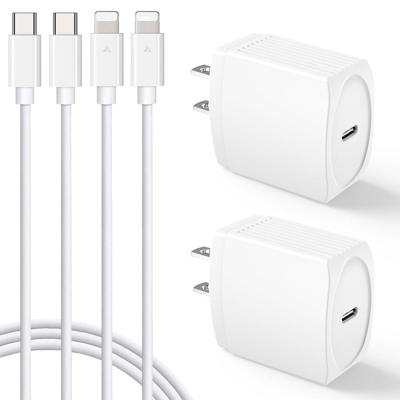 20W USB C Fast Charger 10 FT Compatible with iPhone 14 13 12 11 XS XR X 8 iPad, 2 Pack PD Wall Charger Block with 10FT Long Type C Lightning Cable (White)