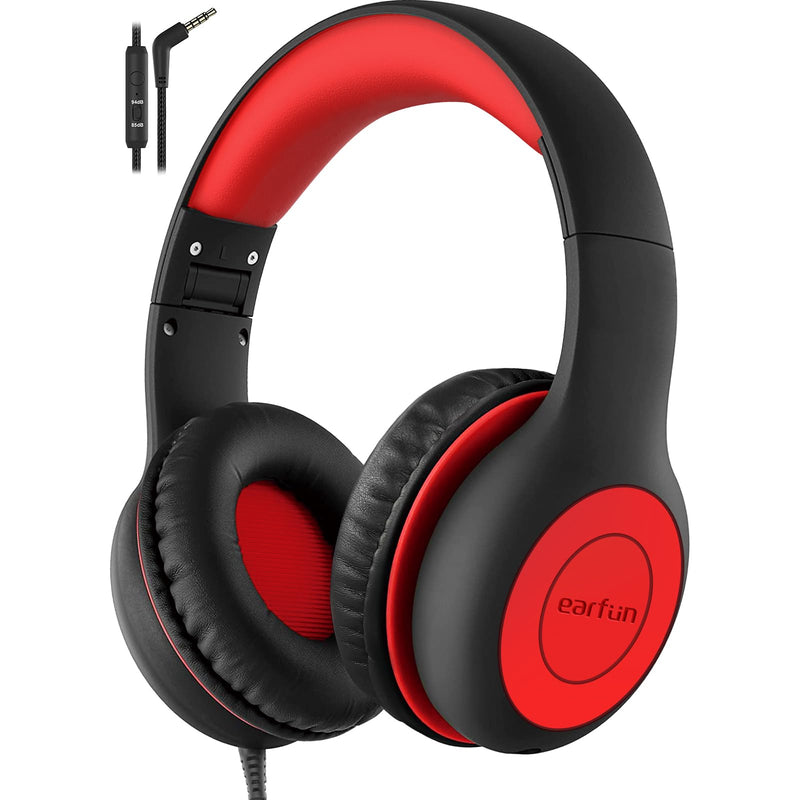 [AUSTRALIA] - EarFun Kids Headphones Wired with Microphone, 85/94dB Volume Limit Portable Headphones for Kids with Shareport, Stereo Sound Foldable Headset for School/Tablet/iPad/Kindle, Black Red Plug 3.5mm 