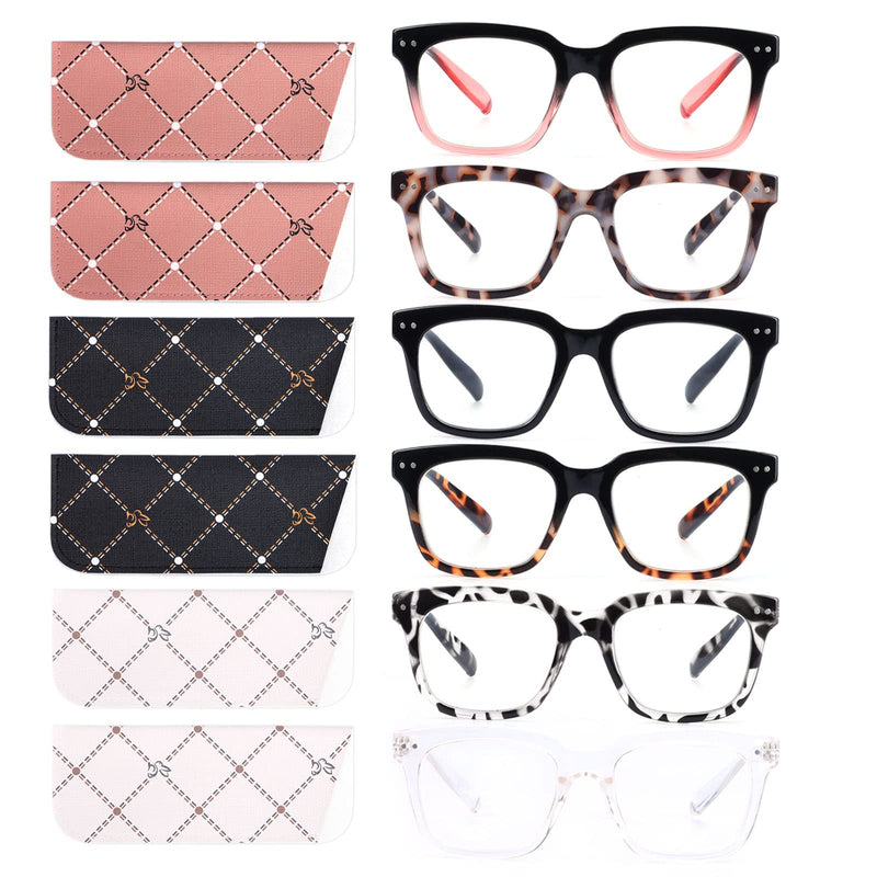 6 Pack Fashion Reading Glasses for Women Men Blue Light Blocking Oversized Square Readers with Spring Hinge 6 Pack Mix 1.5 x