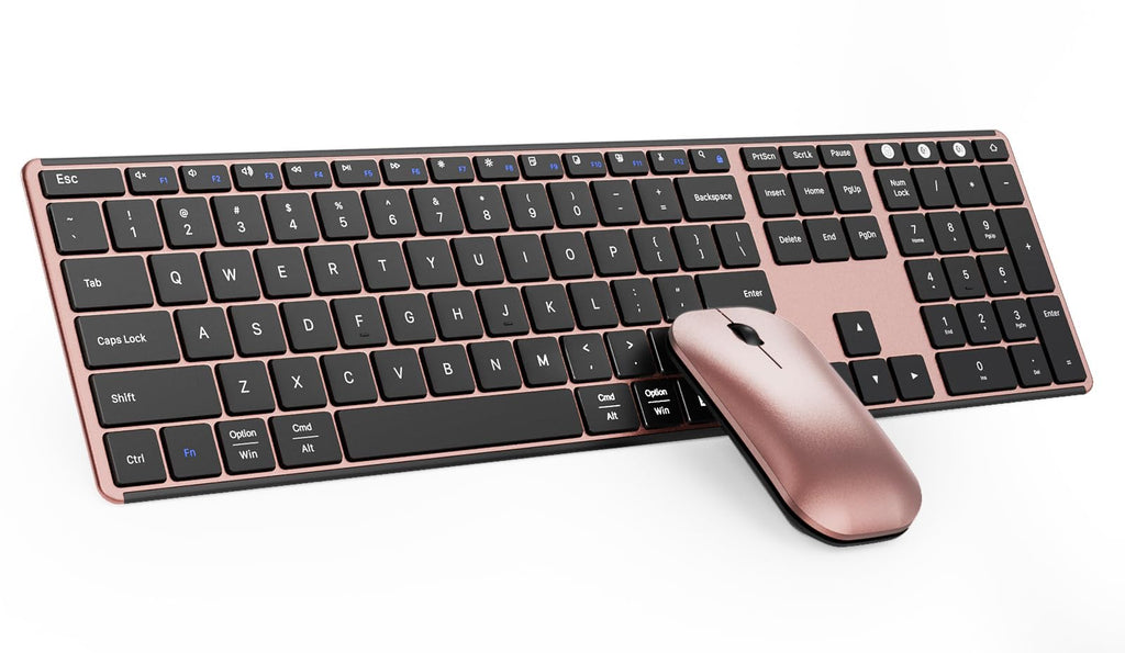 seenda Bluetooth Keyboard and Mouse Combo (USB + Dual BT), Multi-Device Rechargeable Wireless Bluetooth Mouse and Keyboard, Compatible for Win 7/8/10, MacBook Pro/Air, iPad, Tablet - Black Rose Gold