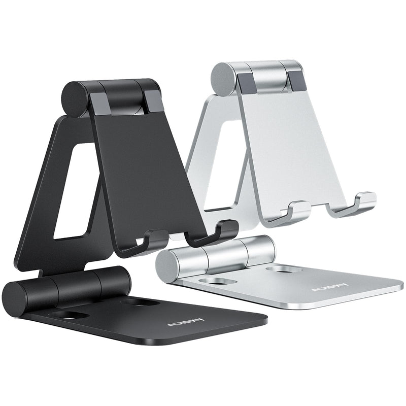 Nulaxy 2 Pack Dual Folding Cell Phone Stand, Fully Adjustable Foldable Desktop Phone Holder Cradle Dock Compatible with Phone 15 14 13 12 Pro Xs Xs Max Xr X 8, All Phones, Black & Silver A-Black & Silver