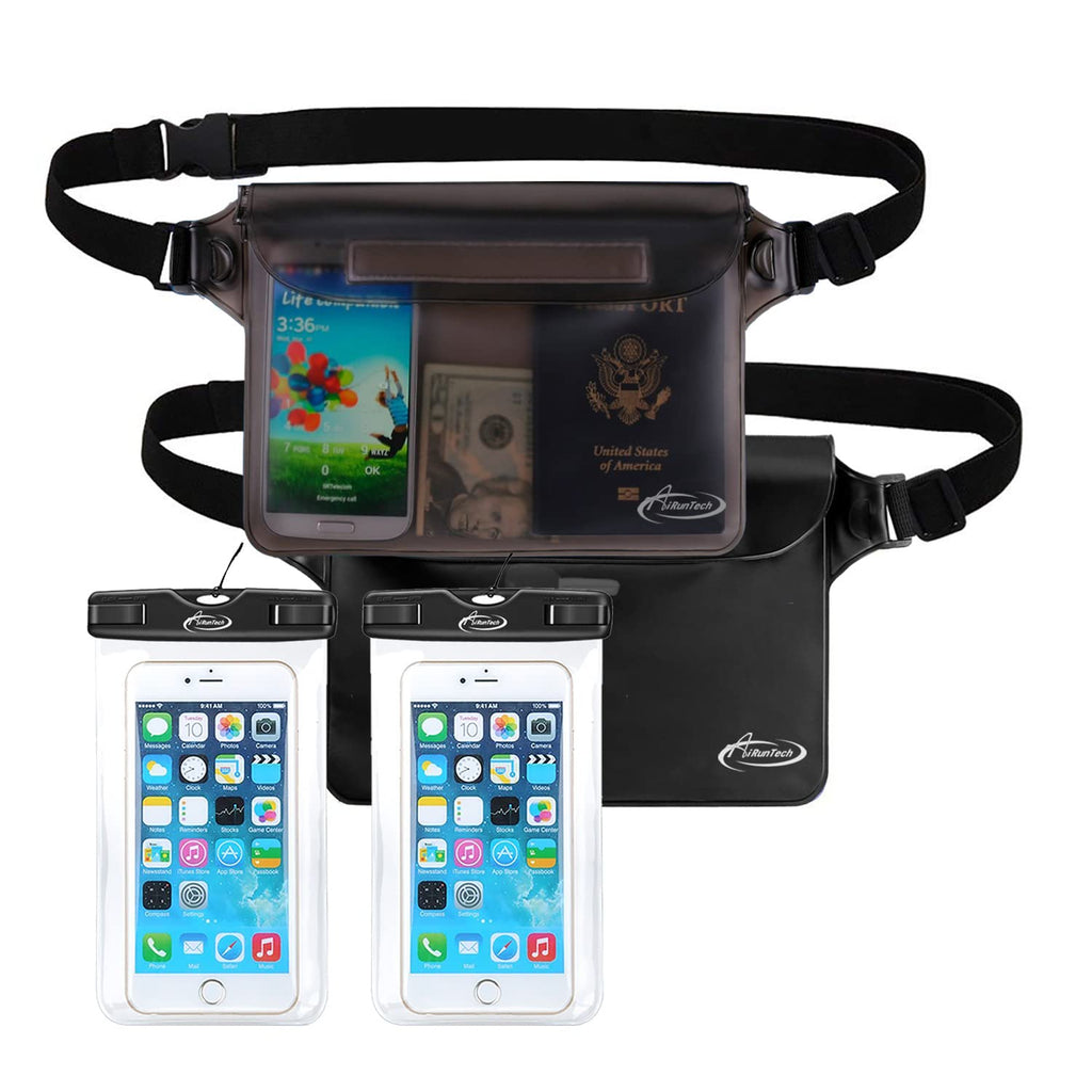 AiRunTech Waterproof Phone Pouch, Cruise Essentials 4-Piece Set, Beach Vacation Kayak Cruise Accessories Must Haves, Waterproof Bag for Travel with Phone Lanyard (2 Phone cases + 2 Fanny Packs) 2 * phone cases(black) + 2 * fanny packs(black+gray) XL SETS
