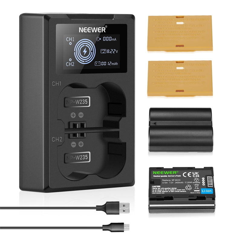 [AUSTRALIA] - NEEWER NP-W235 Camera Battery Charger Set, Dual Slot USB Charger with LCD, 2 Pack 2400mAh Replacement Batteries Compatible with Fujifilm X-T5 X-T4 GFX 100S X-H2S X-S20 GFX 50S II VG-XT4 Battery Grip 