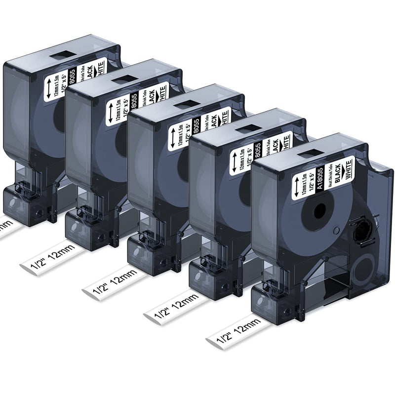Compatible DYMO 18055 Rhino 4200 Label Tape Replace for DYMO Rhino 1/2" Heat Shrink Tube Labels 12mm Use for DYMO Rhino 4200 5200 5000 3000 Industrial Label Maker, Black on White,1/2" x 4.9',5-Pack 1/2''