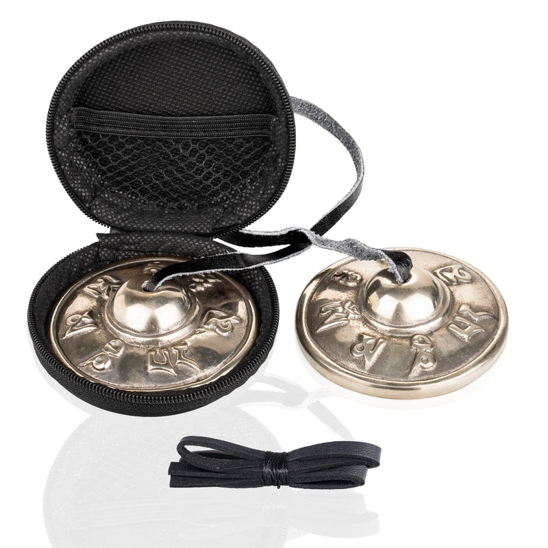 ZenBless Tibetan Tingsha Cymbals 2pcs, with Storage Box and Fabric Case, Meditation Sanskrit White Brass Chime Bells for Spiritual Healing Mindfulness, Yoga Buddhist, Relaxation Musical Instruments 2.75 in(7cm) Sanskrit(white brass)