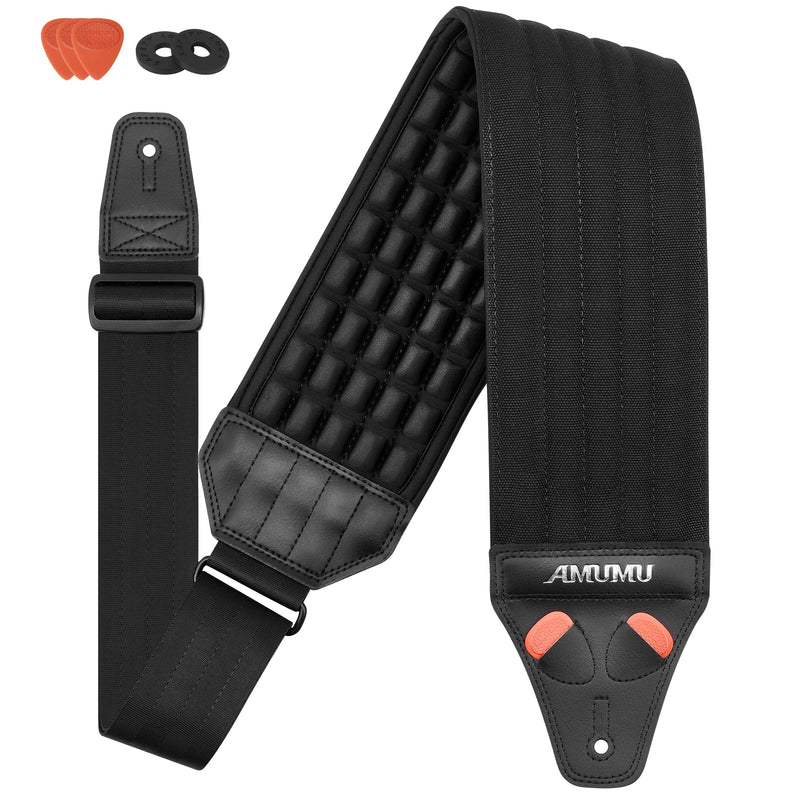 Amumu AIRCELL Bass & Guitar Strap 4" Ultra Wide - 0.7" Thick Breathable Convex 3D Air Cell Cushions - Neoprene Padding - Cotton Canvas Top - Adjustable Length 48"-63"(Long) Black 48"-63"(Long)
