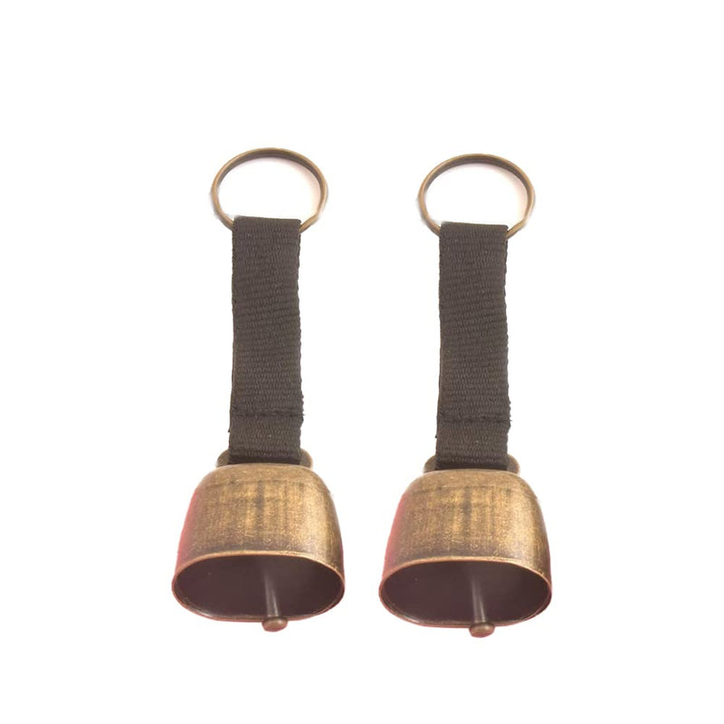 2 Pack Small Cow Bell for Dog Collar, Loud Bear Bells with Leather Button Strap, Cow Horse Sheep Grazing Copper Bells, Pet Brass Bells Tracker Noise Maker, Bronze Bell for Crafts Black