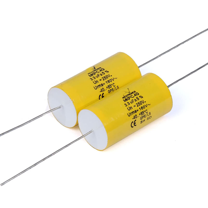 2pcs 3.3uF 250V Axial Audio Speaker Crossover stepless Film Capacitor 5% Audio Crossover Tweeter Precise Pairing 3.3uF 250V(2pcs)